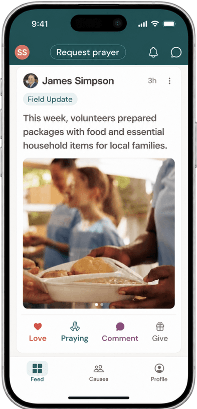 The CordLine feed, showing a field update from missionary James Simpson with photos and a Love, Praying, Comment, and Give reaction row.