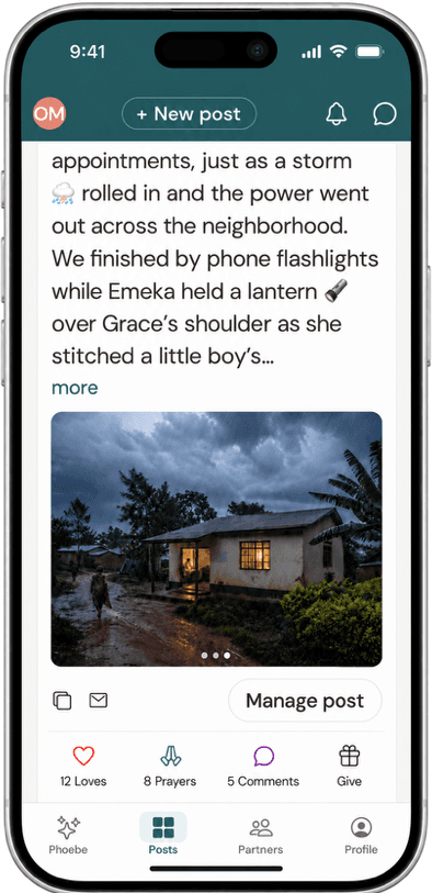 A missionary's own CordLine post about a clinic visit during a storm, with love, prayer, and comment counts and a Manage post option.